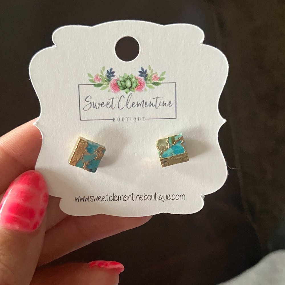 Sweet Clementine Turquoise Gold Square Stud Earrings